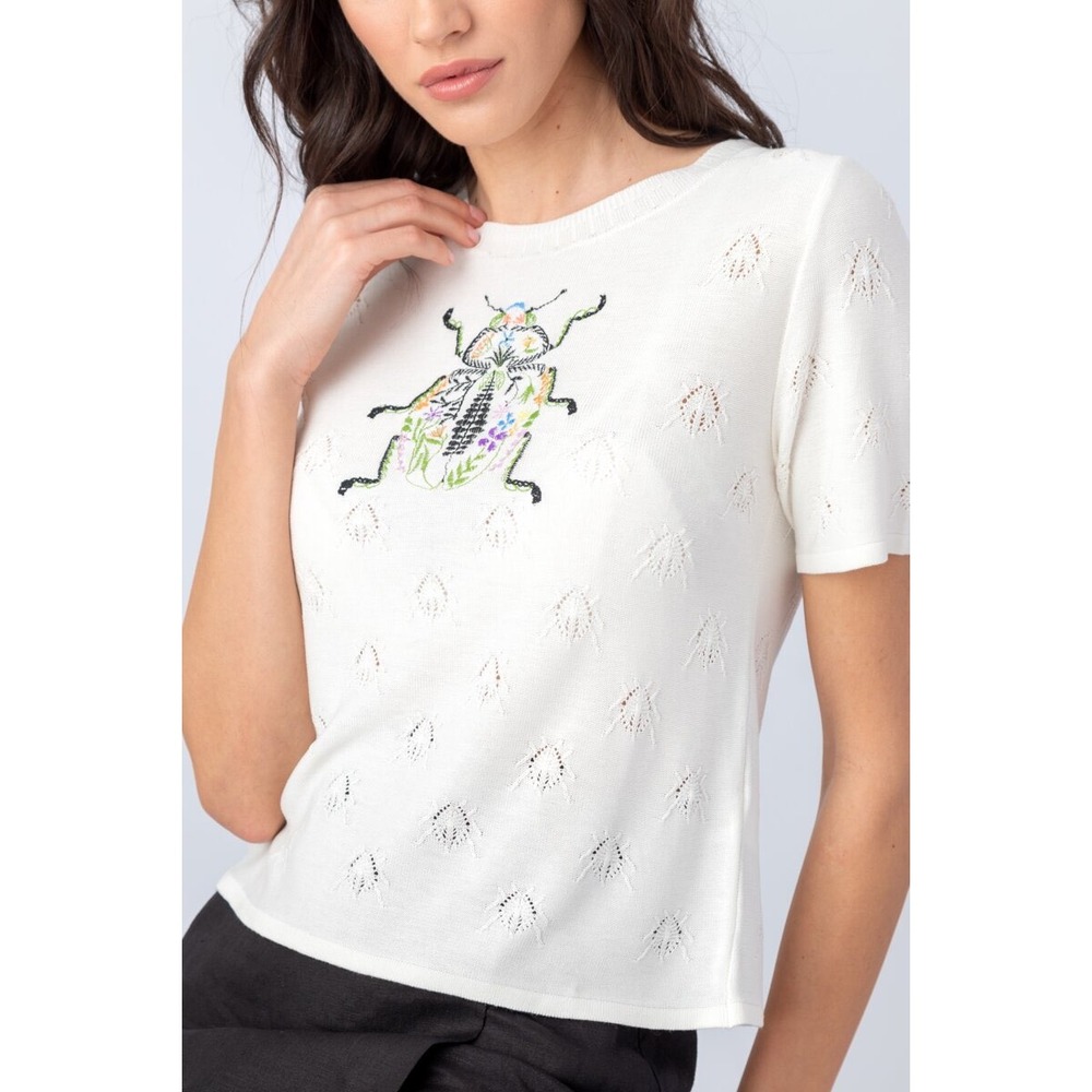 IVKO Beetle Embroidered Pointelle Knit Top Women 38 White EUC Short Sleeve Bug